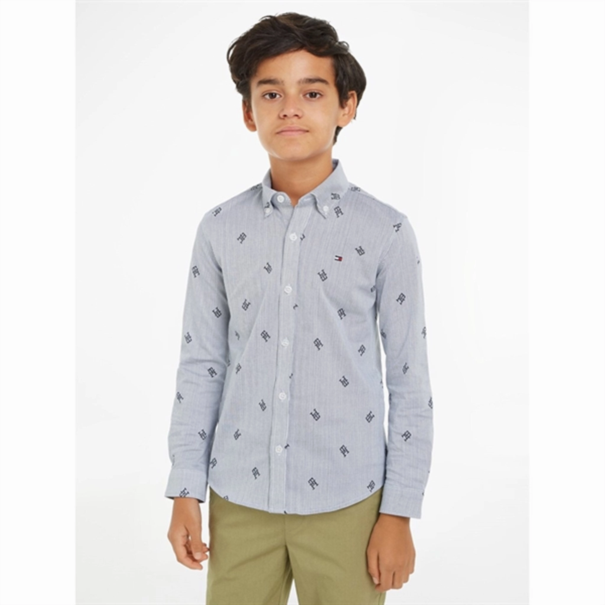 Tommy Hilfiger Allover Monogram Shirt Blue Stripe Odor Control Fabric Sports Ready