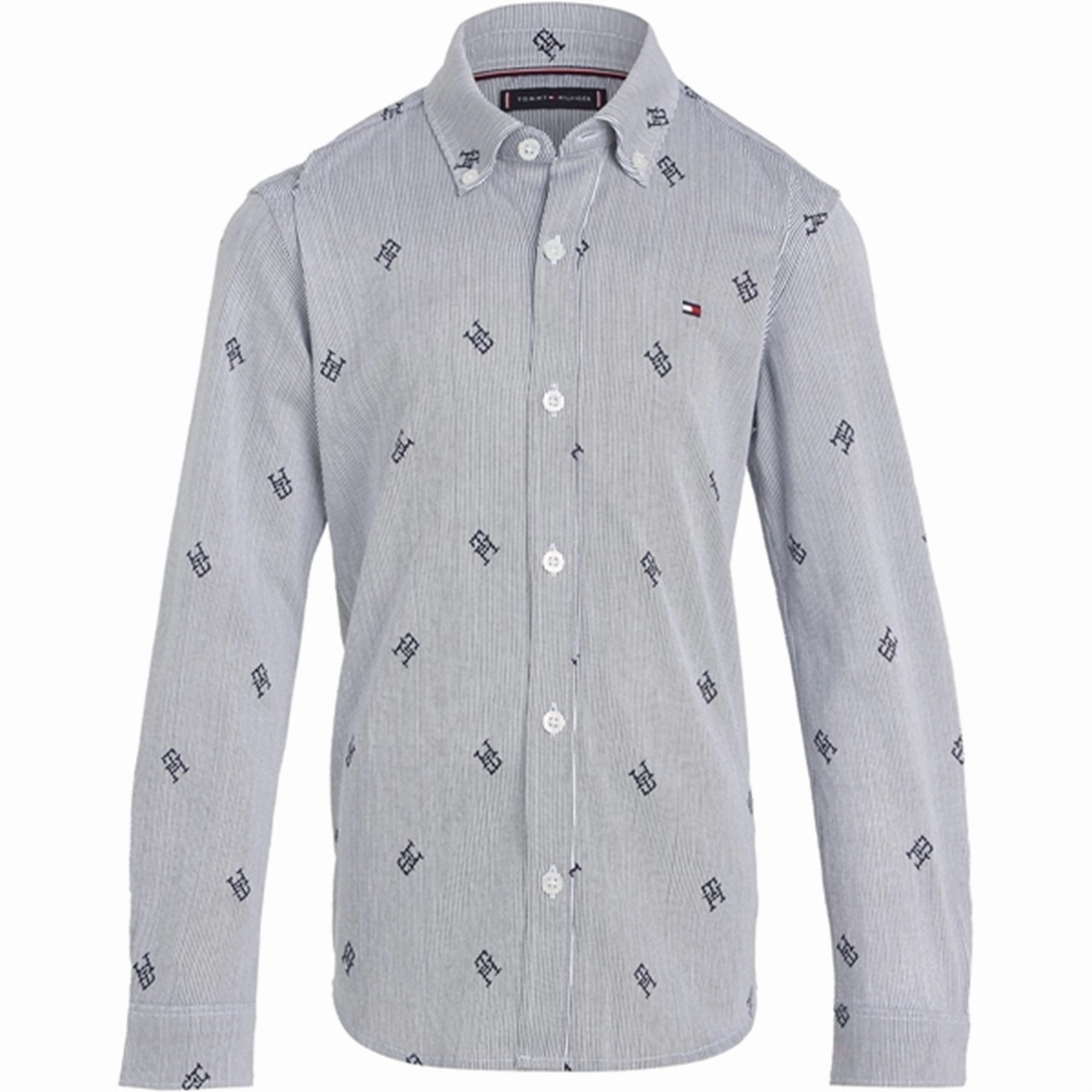 Tommy Hilfiger Allover Monogram Shirt Blue Stripe Functional Pocket Anti Odor Treatment