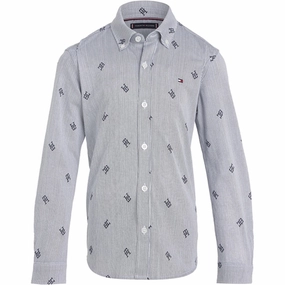 Tommy Hilfiger Allover Monogram Shirt Blue Stripe Functional Pocket Anti Odor Treatment