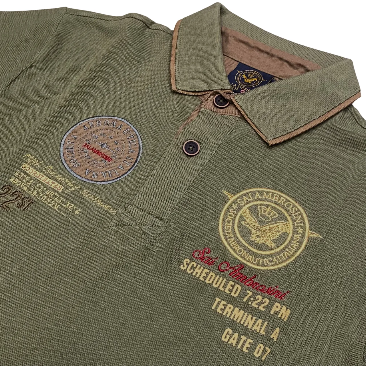 Aeronautica Italiana polo manica corta da uomo in cotone pique, patch e ricami 010387 verde militare Weekend Brunch Collared Shirt