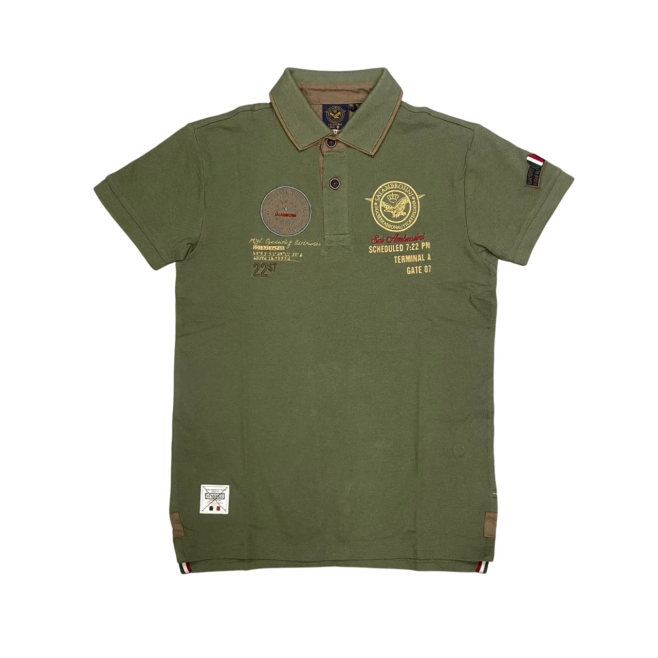 Aeronautica Italiana polo manica corta da uomo in cotone pique, patch e ricami 010387 verde militare Ventilated Side Panels Fashionable Fit