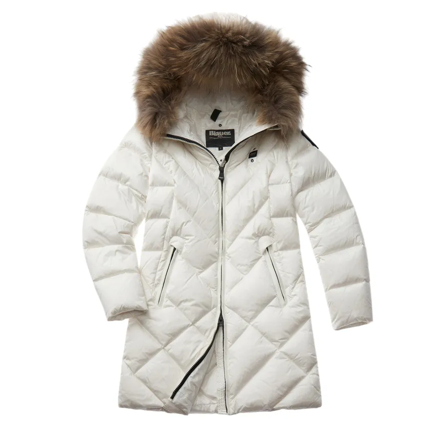 Luxury Blauer piumino lungo da donna con cappuccio a linee geometriche Althea 24WBLDK03052-006047 bianco