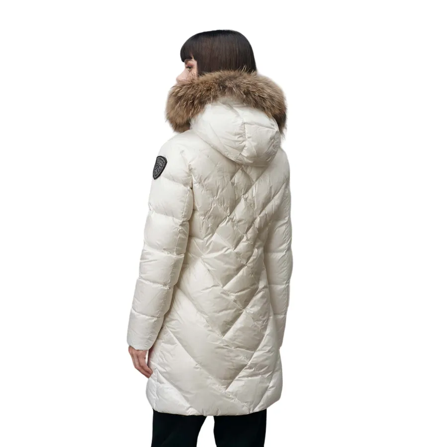 Stretch Panels Blauer piumino lungo da donna con cappuccio a linee geometriche Althea 24WBLDK03052-006047 bianco