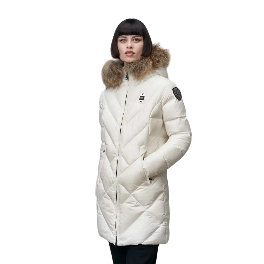 Blauer piumino lungo da donna con cappuccio a linee geometriche Althea 24WBLDK03052-006047 bianco Hook and loop fasteners