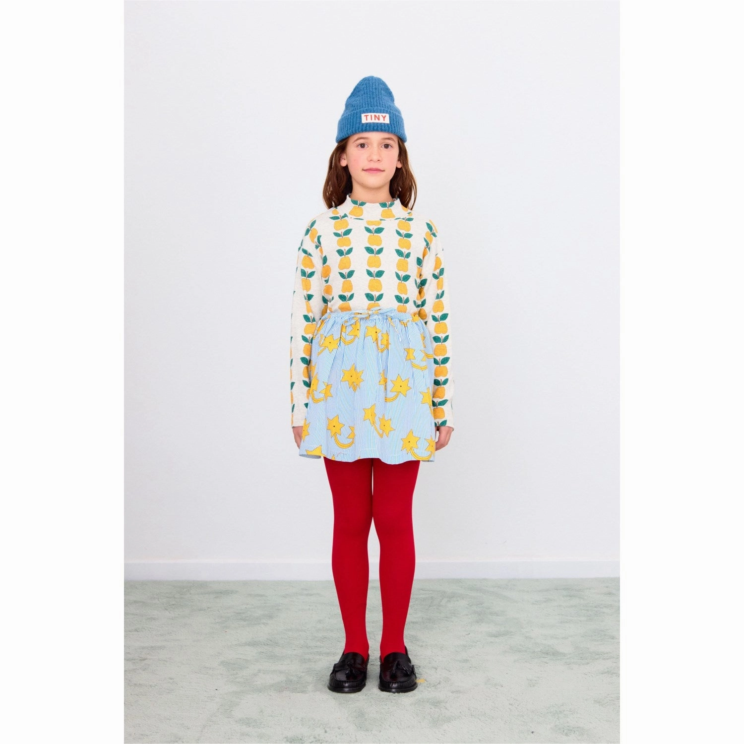 TinyCottons Light Cream Heather Apples Rib Mockneck Summer Fashion Moisture wicking