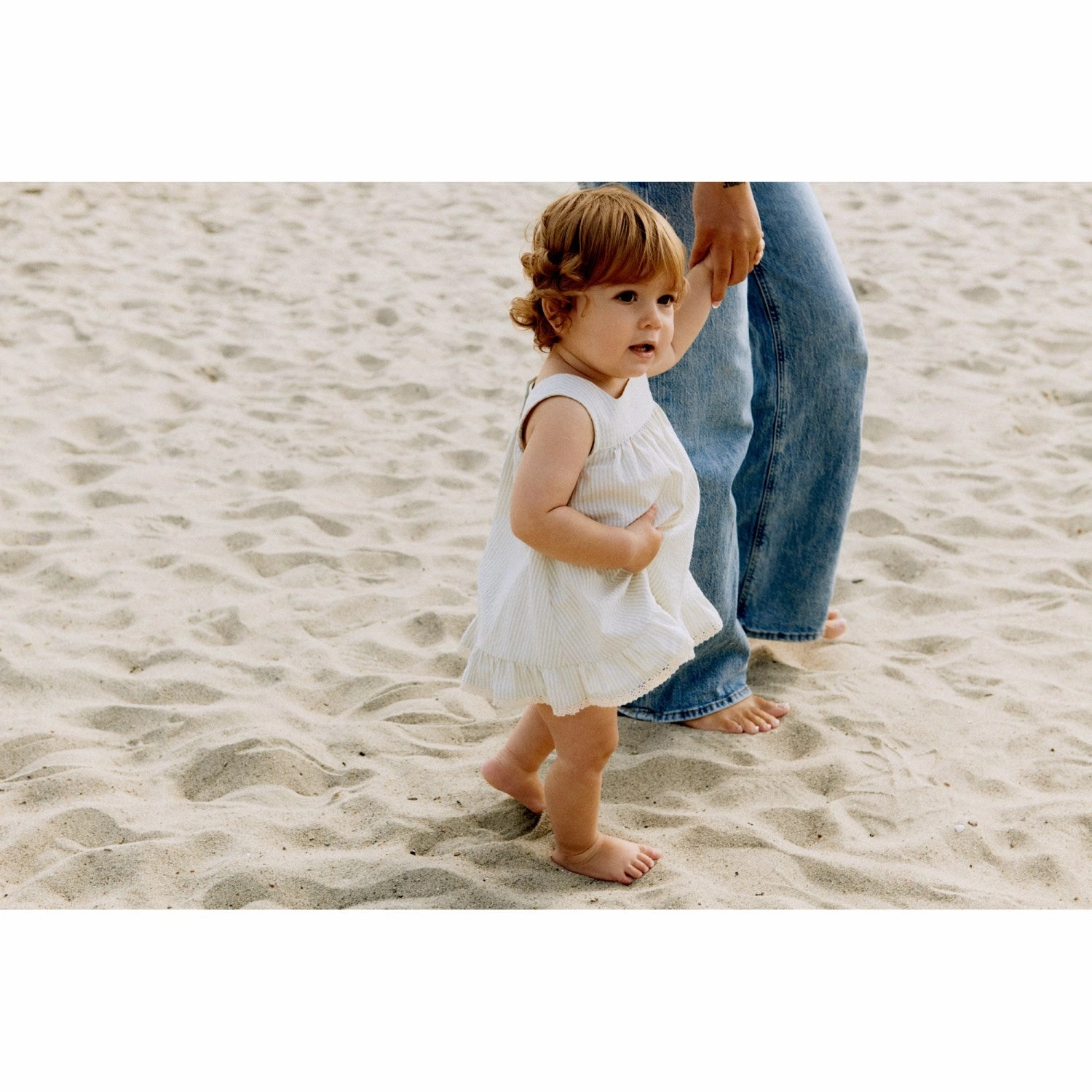 Wheat Summer Blue Stripe Dress Ruffle Ayla Fashionable Fit Clean Outline