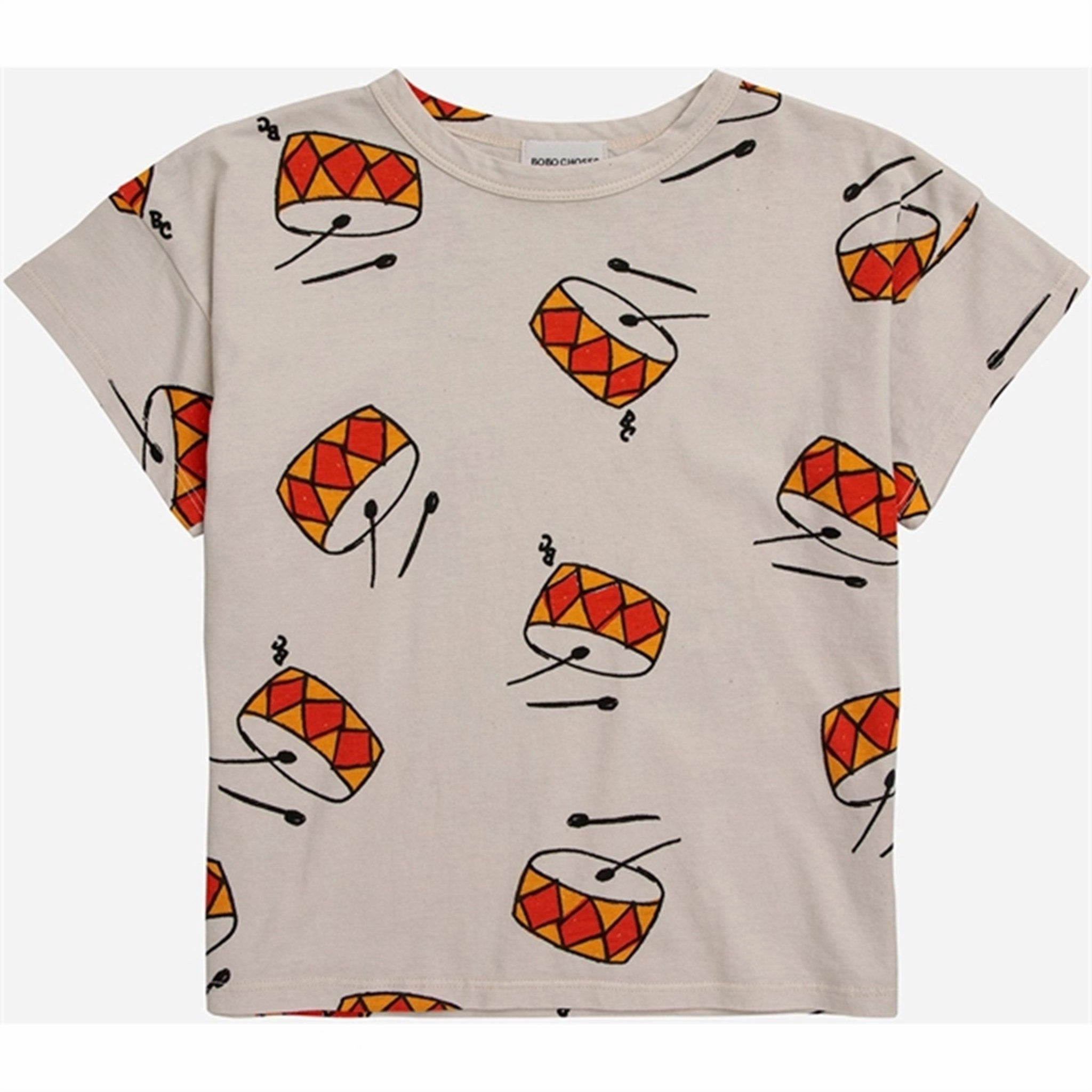 Ribbed Collar Design Bobo Choses Play The Drum All Over T-Shirt Beige