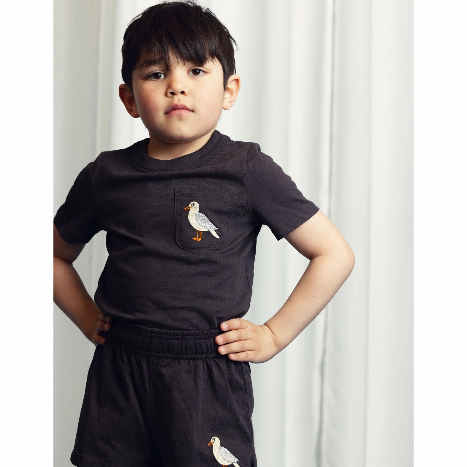 Mini Rodini Black Seagull Embroidery T-Shirt Flexible Neckband Quick-Drying Shirt