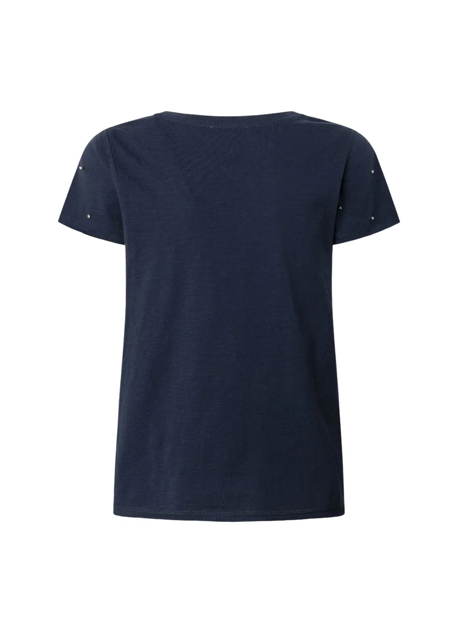 Moisture Management Fabric LongLastingColor Pepe Jeans maglietta manica corta con scollo V con strass PL506023 588 blu