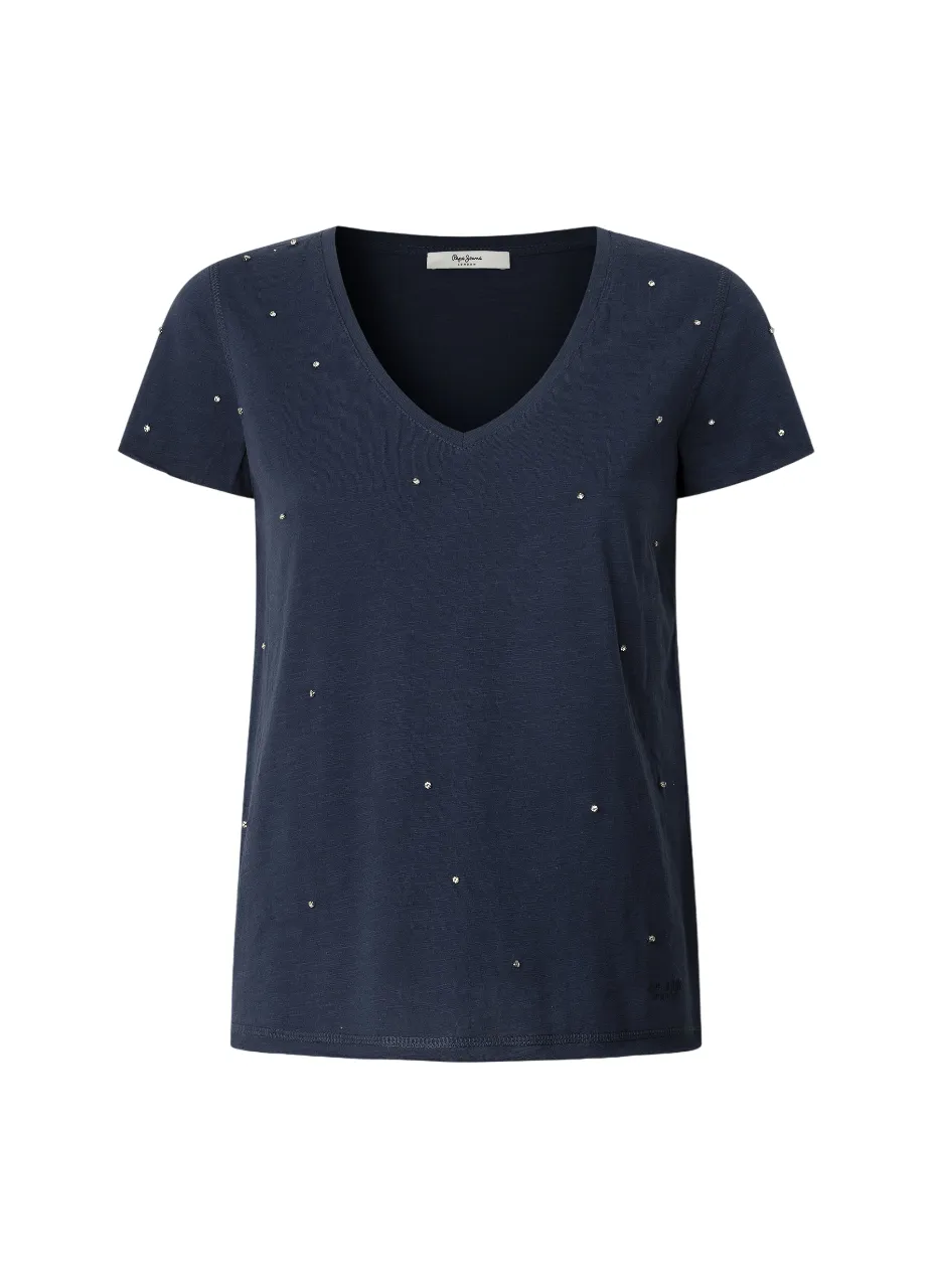 Cozy Vibes Pepe Jeans maglietta manica corta con scollo V con strass PL506023 588 blu