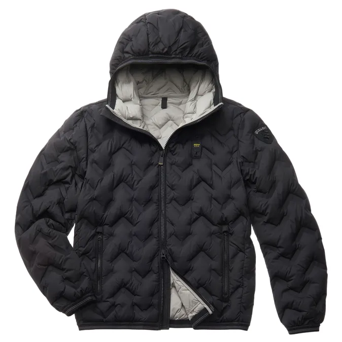 Blauer piumino con cappuccio da uomo nastrato ad angoli Pier 24WBLUC03125-006952 999 nero Multipanel Construction