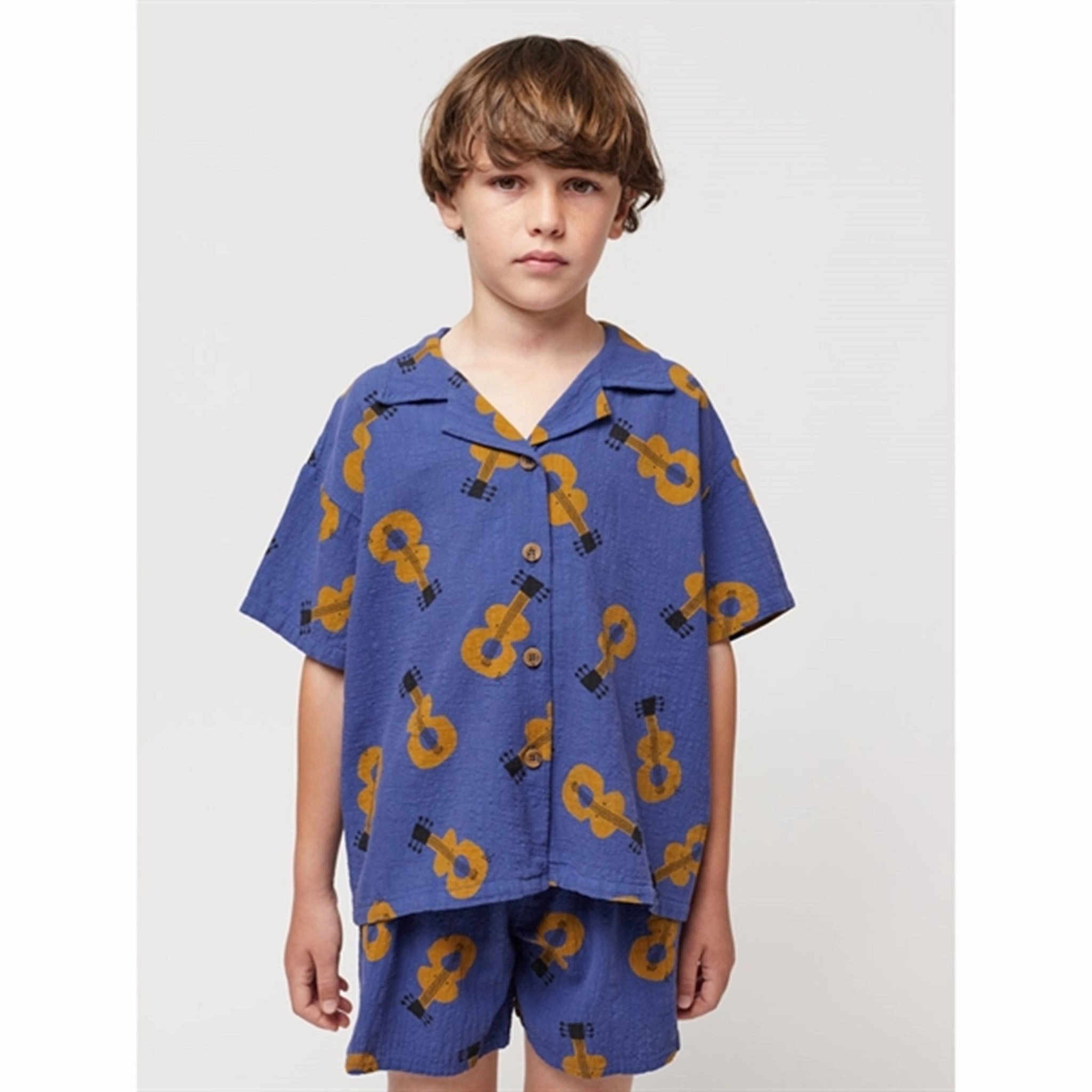Daytime Look UV Protection Bobo Choses Acoustic Guitar All Over Woven Shirt Short Sleeve Navy Blue