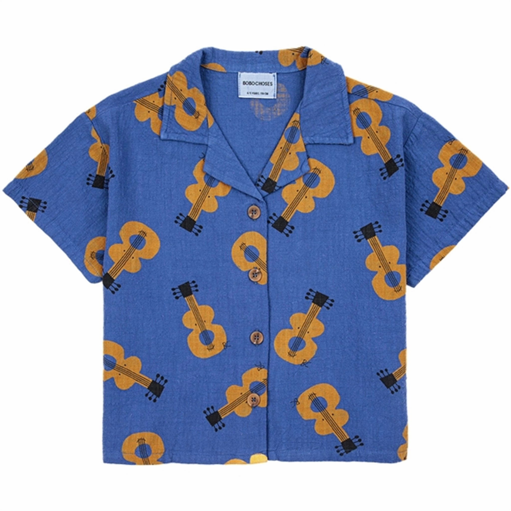 Bobo Choses Acoustic Guitar All Over Woven Shirt Short Sleeve Navy Blue UV Protective Coating Sophisticated Look