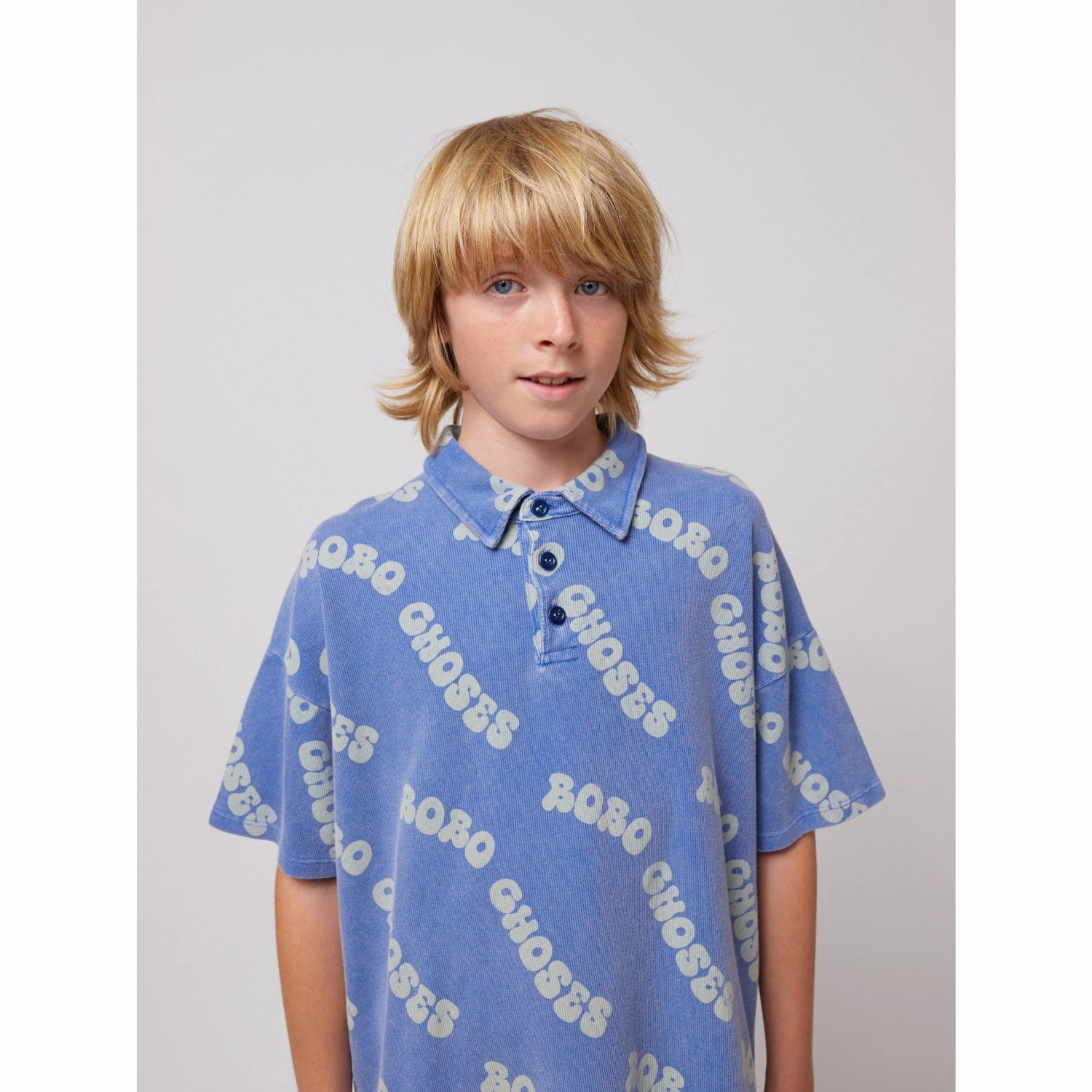 Yarn Dyed Fabric Casual Essential Bobo Choses Blue Wavy Bobo Choses All Over Waffle Polo Shirt