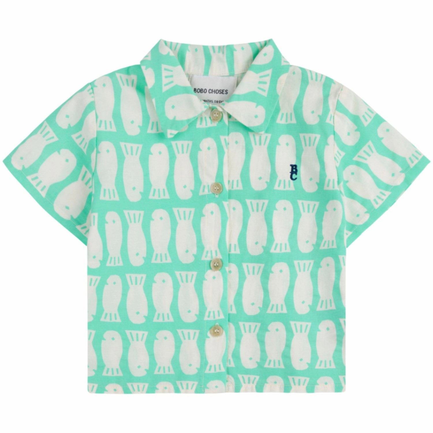 Bobo Choses Light Green Lucky Fish All Over Woven Shirt Denim Blend Inner Layer