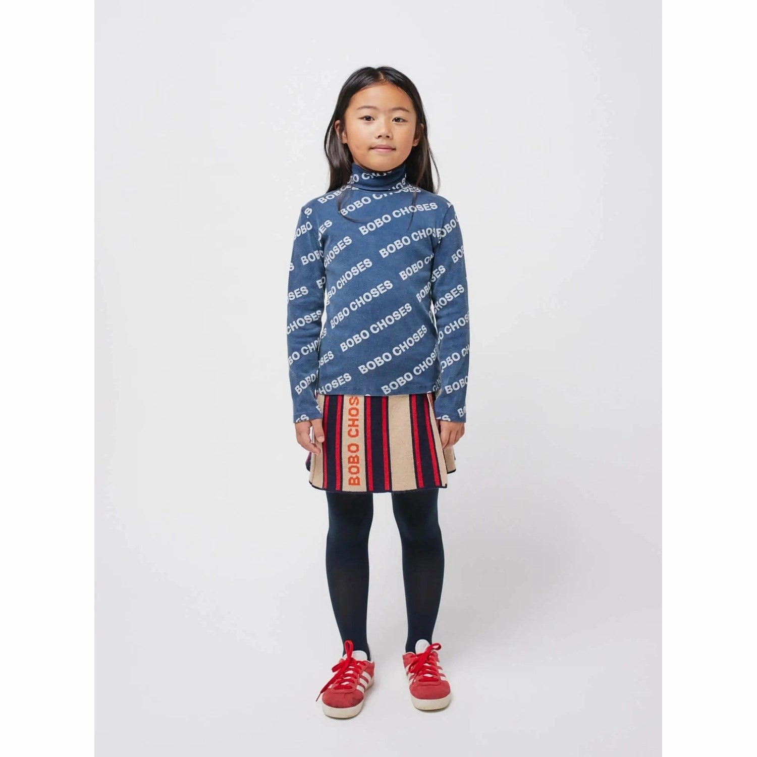 Glossy Texture Bobo Choses Midnight Blue All Over Rib Turtle Neck T-shirt