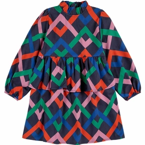 Minimalist Style Bobo Choses Midnight Blue Multicolor Garland Woven Dress