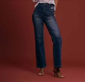 Griffai pantalone jeans da donna a palazzo con bottoni Flare DGP3262 denim Performance Fit Pull-on style