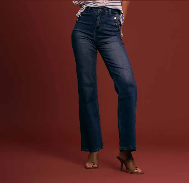 Griffai pantalone jeans da donna a palazzo con bottoni Flare DGP3262 denim Tall Length Stretch waistband