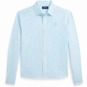 Laser Cut Edge Detail Asymmetrical Cut Polo Ralph Lauren Turquoise Nova/Whte Stripe Girl Button Front Shirt