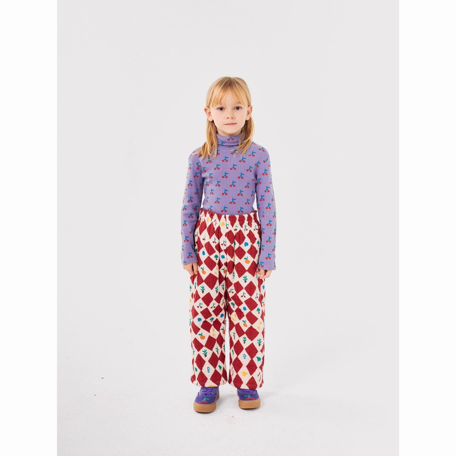 Asymmetrical Cut Bobo Choses Lavender Cherry All Over Turtle Neck LS T-Shirt