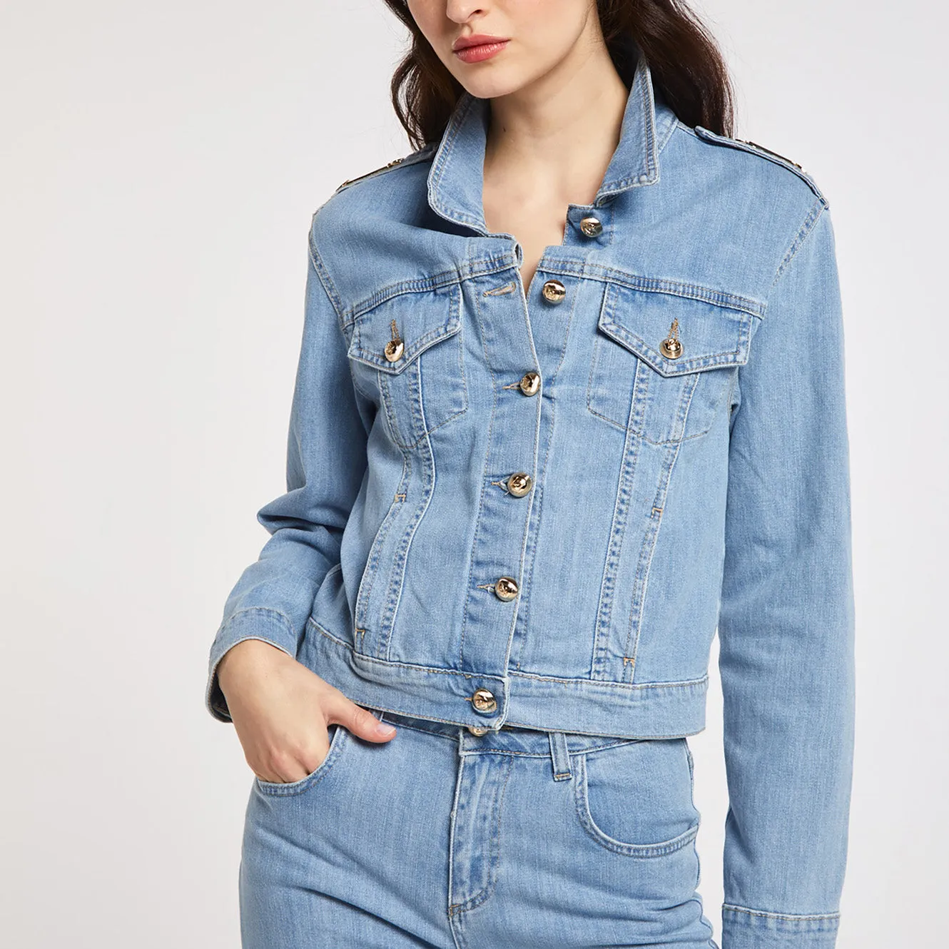 Caf??Noir giubbino da donna in denim con placchette C7JJ0108 B049 sky Windproof Construction Stretch Panels