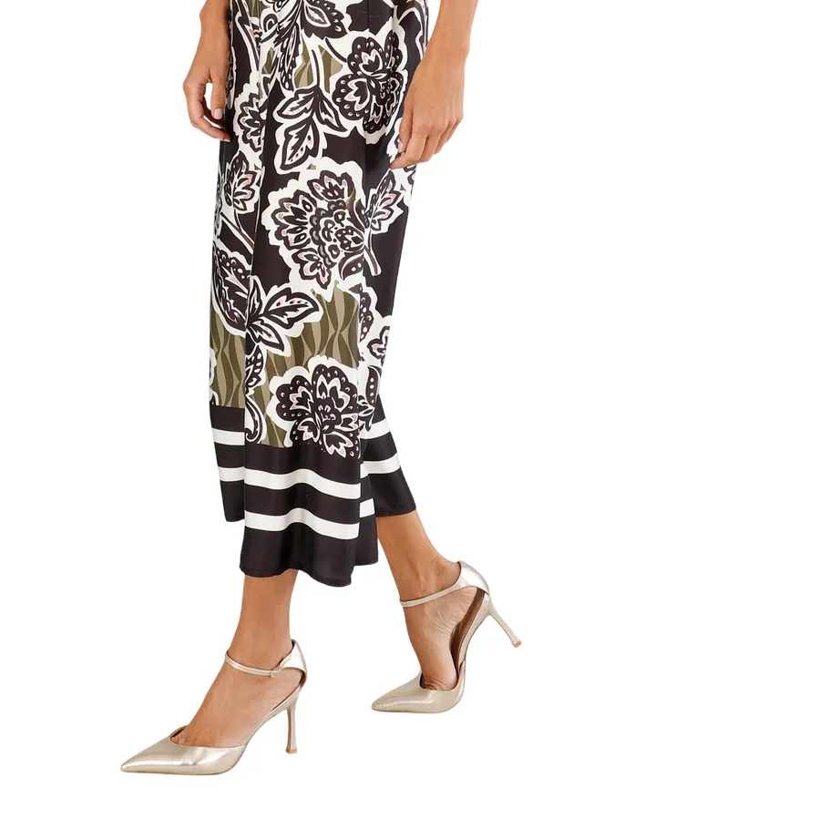 Caf??Noir pantalone palazzo da donna in satin stampato JP0245 S042 fiore multinero Weekend Ready AdjustableWaistband