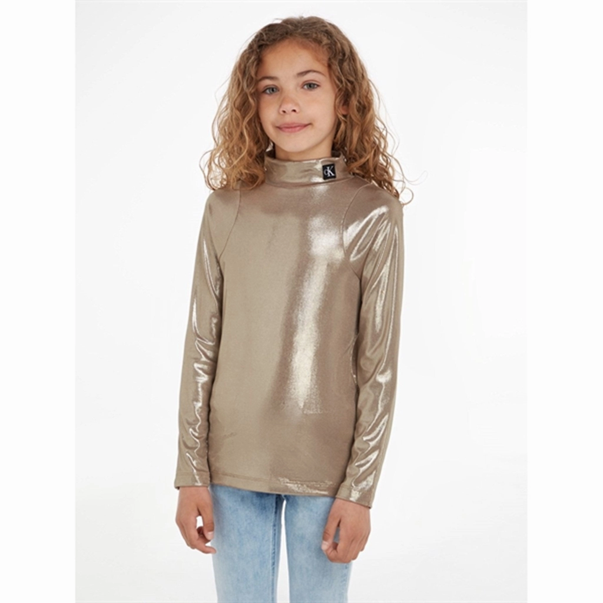 Calvin Klein Metallic Coated Mockneck Blouse Frosted Almond Fashion Statement Non Chafe Seams