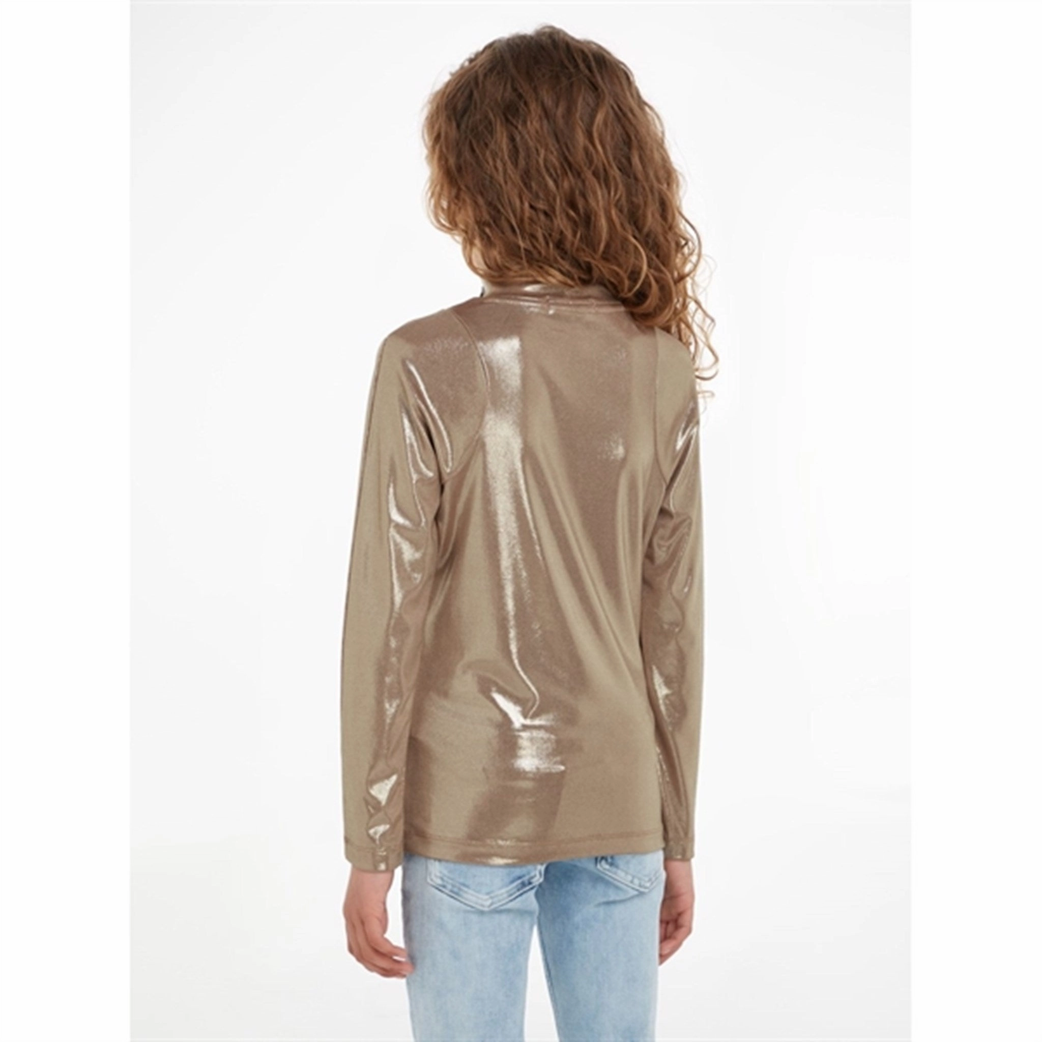 Calvin Klein Metallic Coated Mockneck Blouse Frosted Almond Functional Wear Low Profile Pocket Design