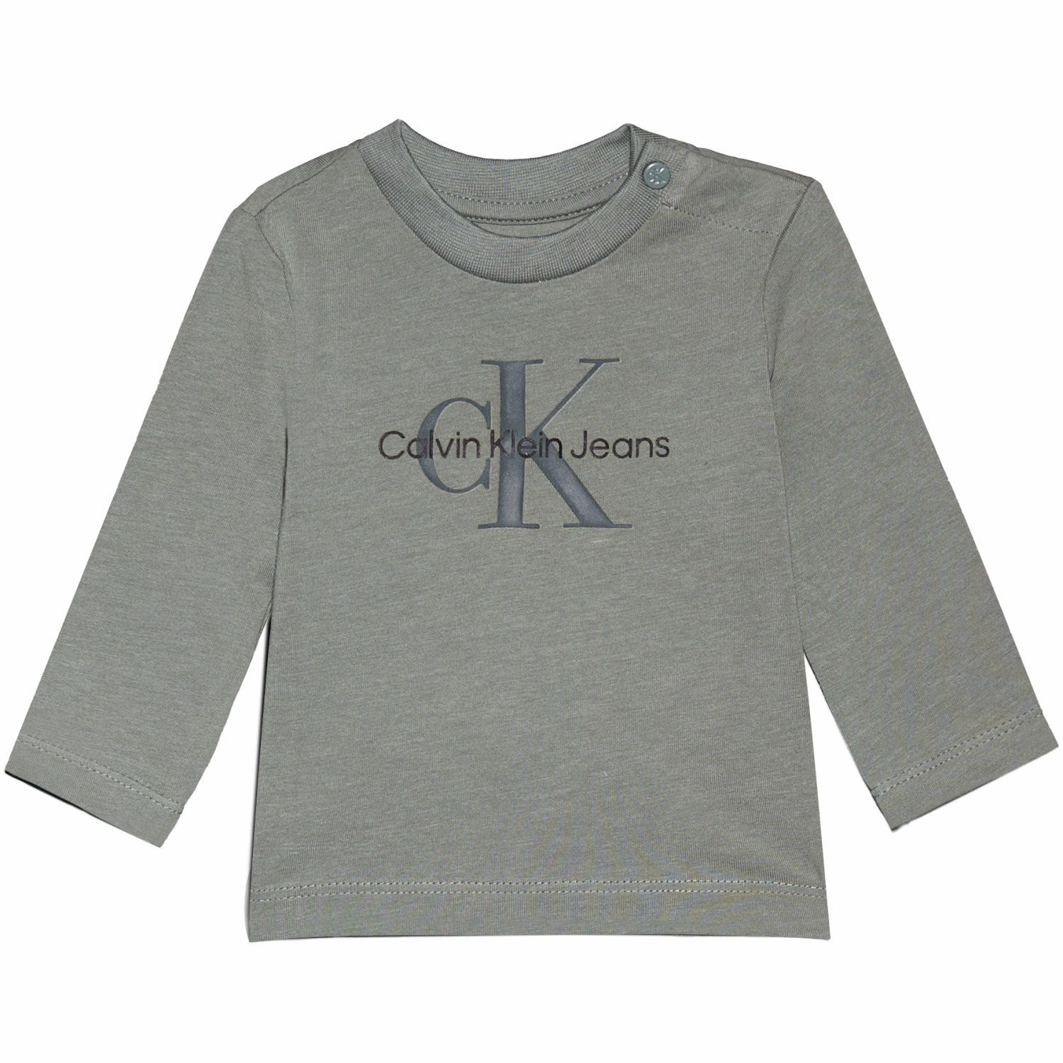 Calvin Klein Meteor Green Monogram Blouse Layered Hemline Adjustable Cuffs