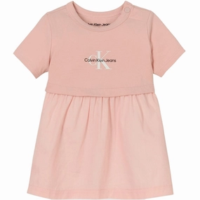 Calvin Klein Monogram Logo Mix Media Dress Sepia Rose Classic Tailoring