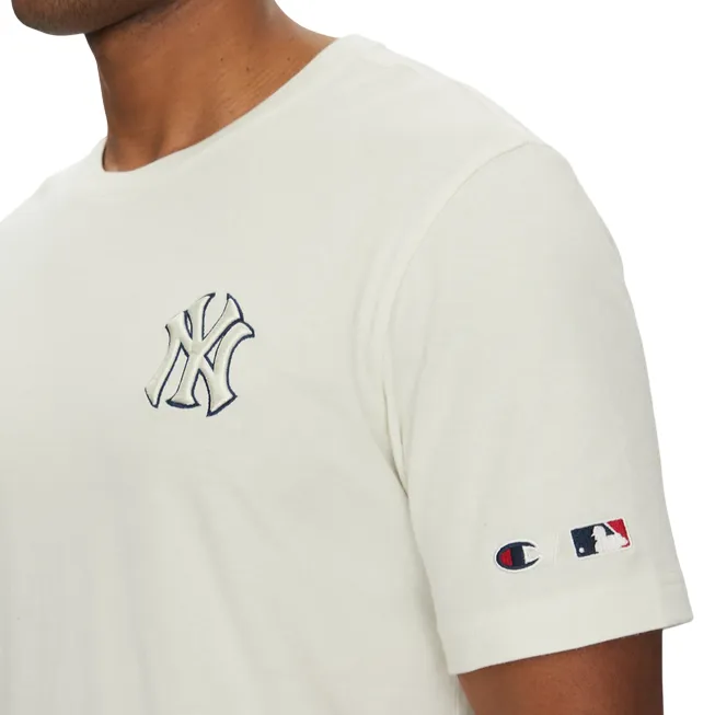 Sporty and Cool Date night Champion maglietta manica corta da uomo con logo NY e scritta sul retro New York Yenkees 221037 WW049 bianco