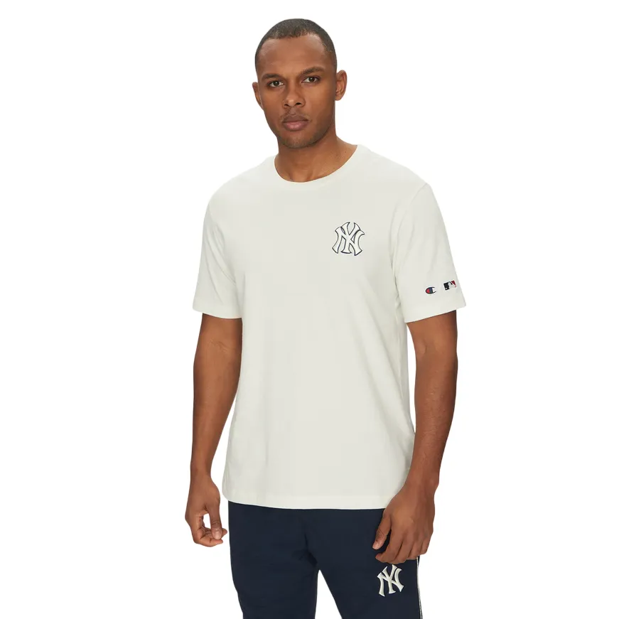 Chic Comfort Style No Fade Technology Champion maglietta manica corta da uomo con logo NY e scritta sul retro New York Yenkees 221037 WW049 bianco