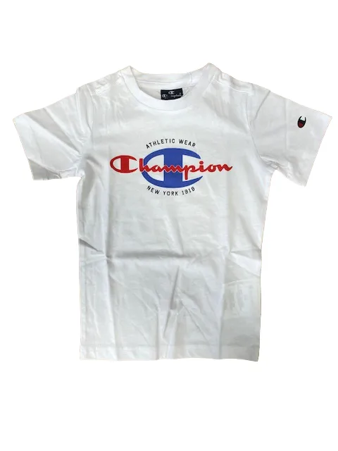Day-to-Day Comfort Bold colors Champion T-shirt da ragazzo manica corta Legacy Graphic 306307 WW001 WHT bianco