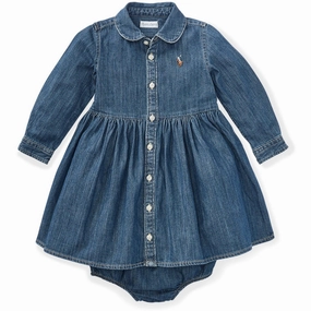 Minimal Tone Lace-Trim Ralph Lauren Baby Indigo Baby Girl Day Dress