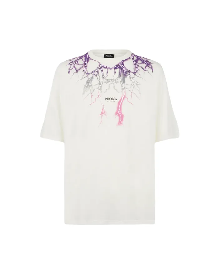 Phobia T-shirt unisex bianca con fulmini viola grigi fuxia PH00108PUGRFU Perfect Style
