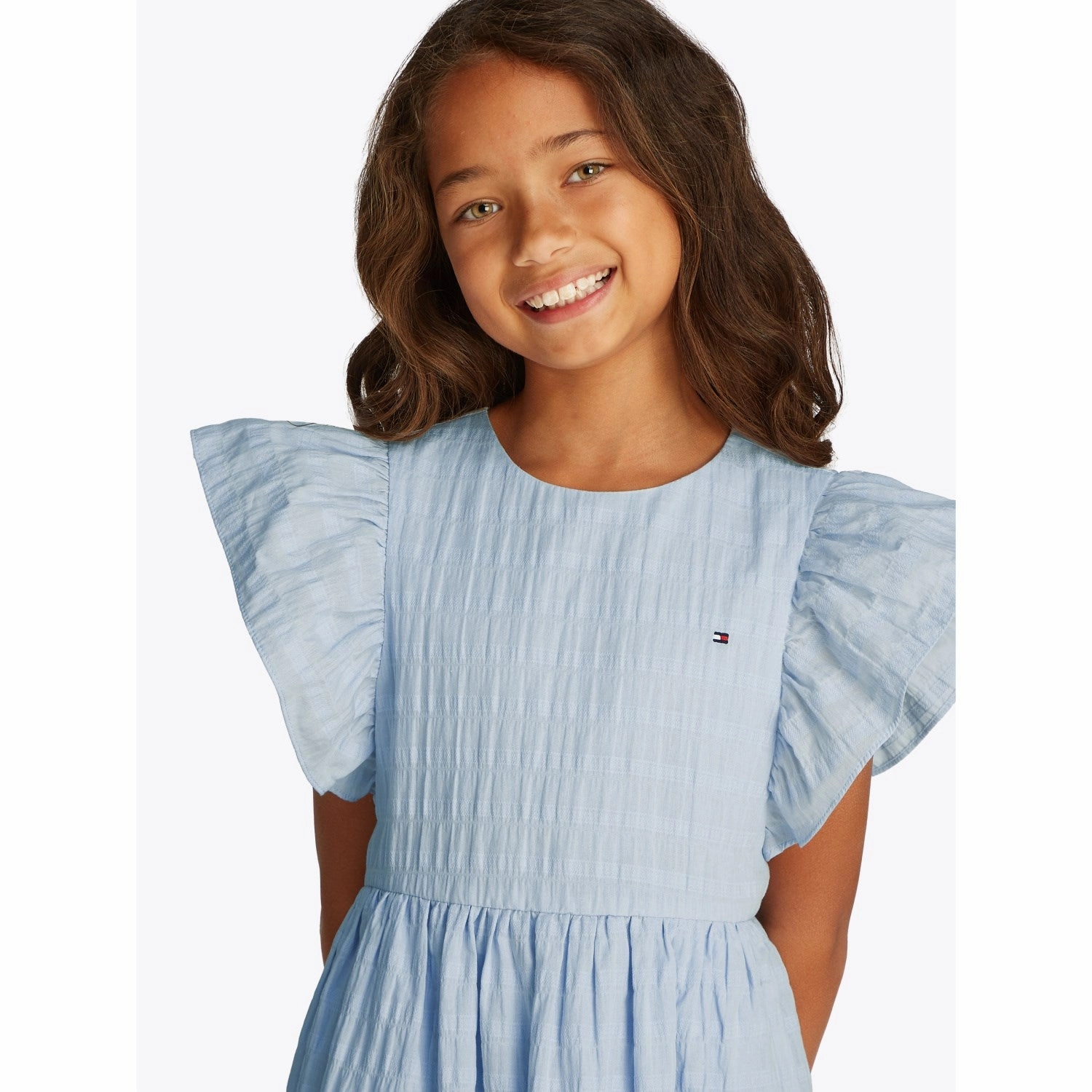 Tommy Hilfiger Breezy Blue Textured Cotton Dress SS Polished Details wrap waist