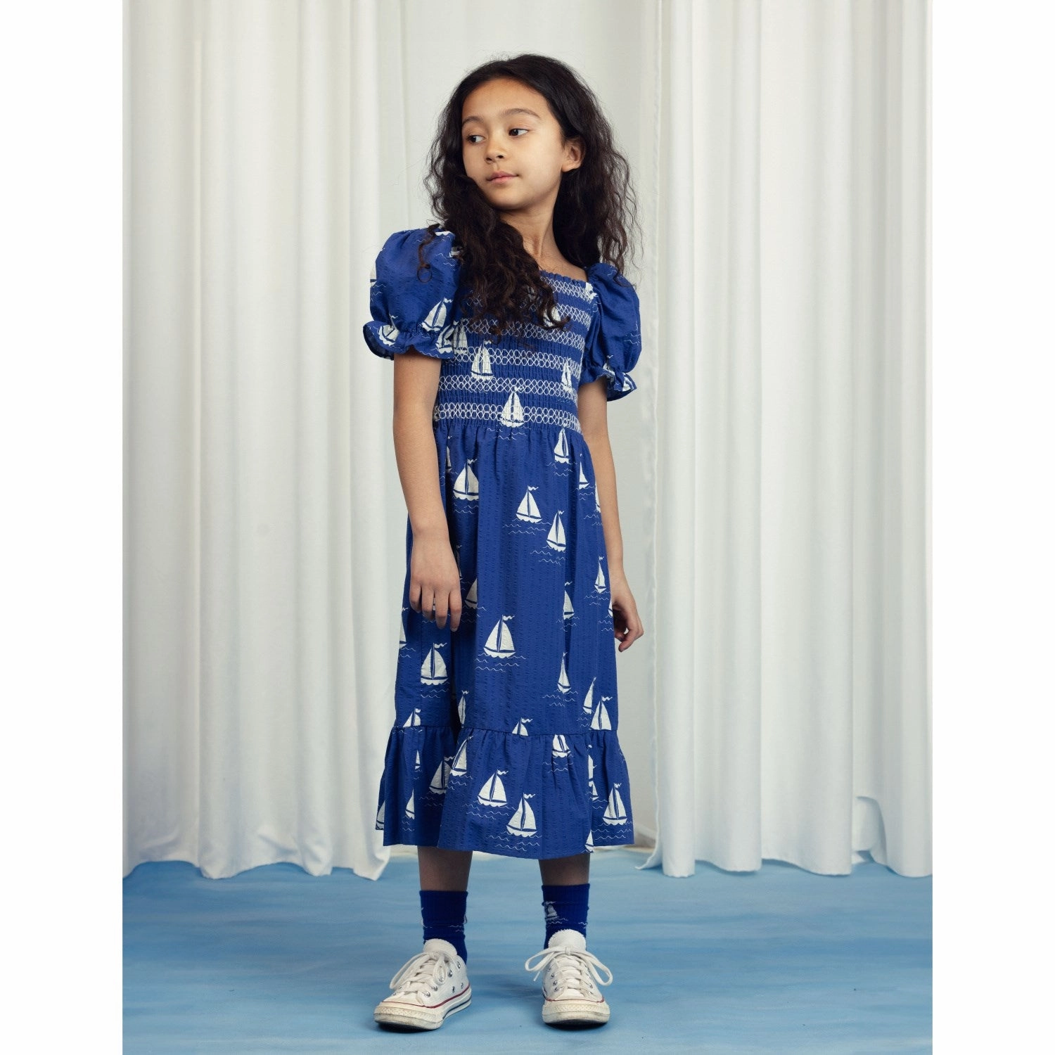 Calm Tone Relaxed fit wear Mini Rodini Blue Sailing Boats AOP Woven Smock Dress