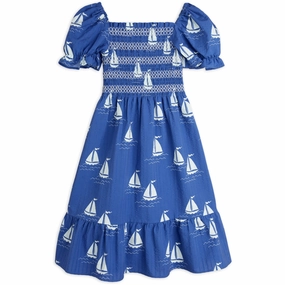 Mini Rodini Blue Sailing Boats AOP Woven Smock Dress Comfortable Cut