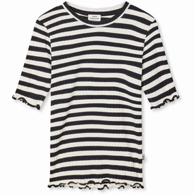 Mads N?rgaard Black/Vanilla Ice 5X5 Classic Stripe Tuviana Tee Linen blend Sporty Appeal