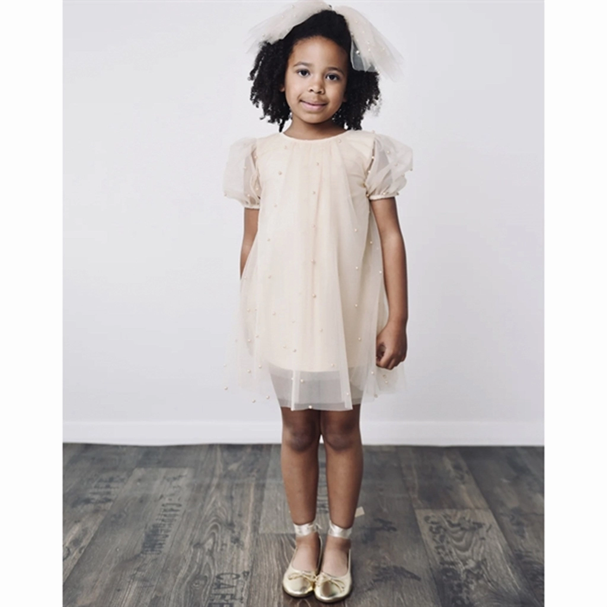 Dolly by Le Petit Tom Pearl Tulle Puff Aline Dress Pearl Bare Arm