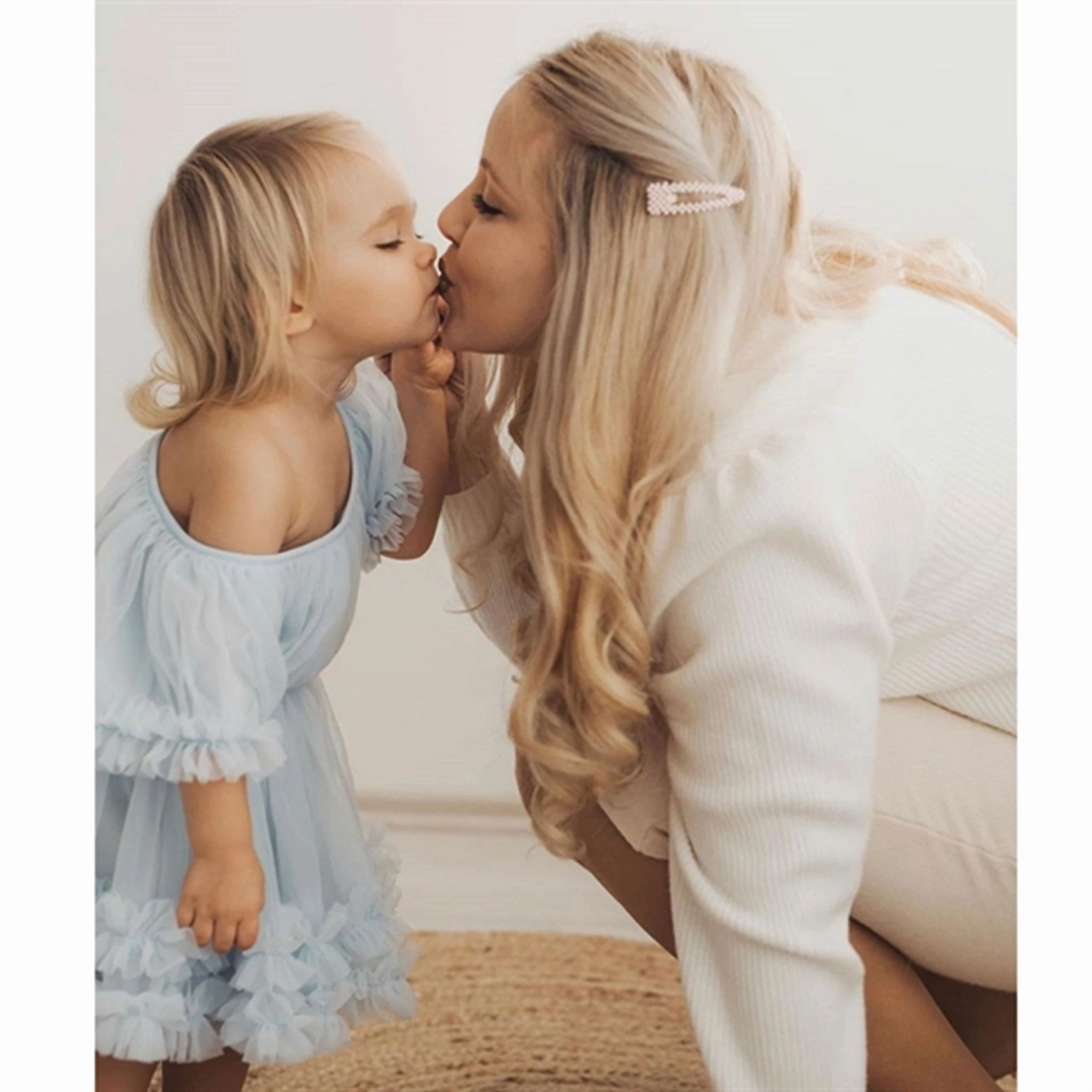 Embroidered Fabric Sleek Piece Dolly by Le Petit Frilly Dress Light Blue