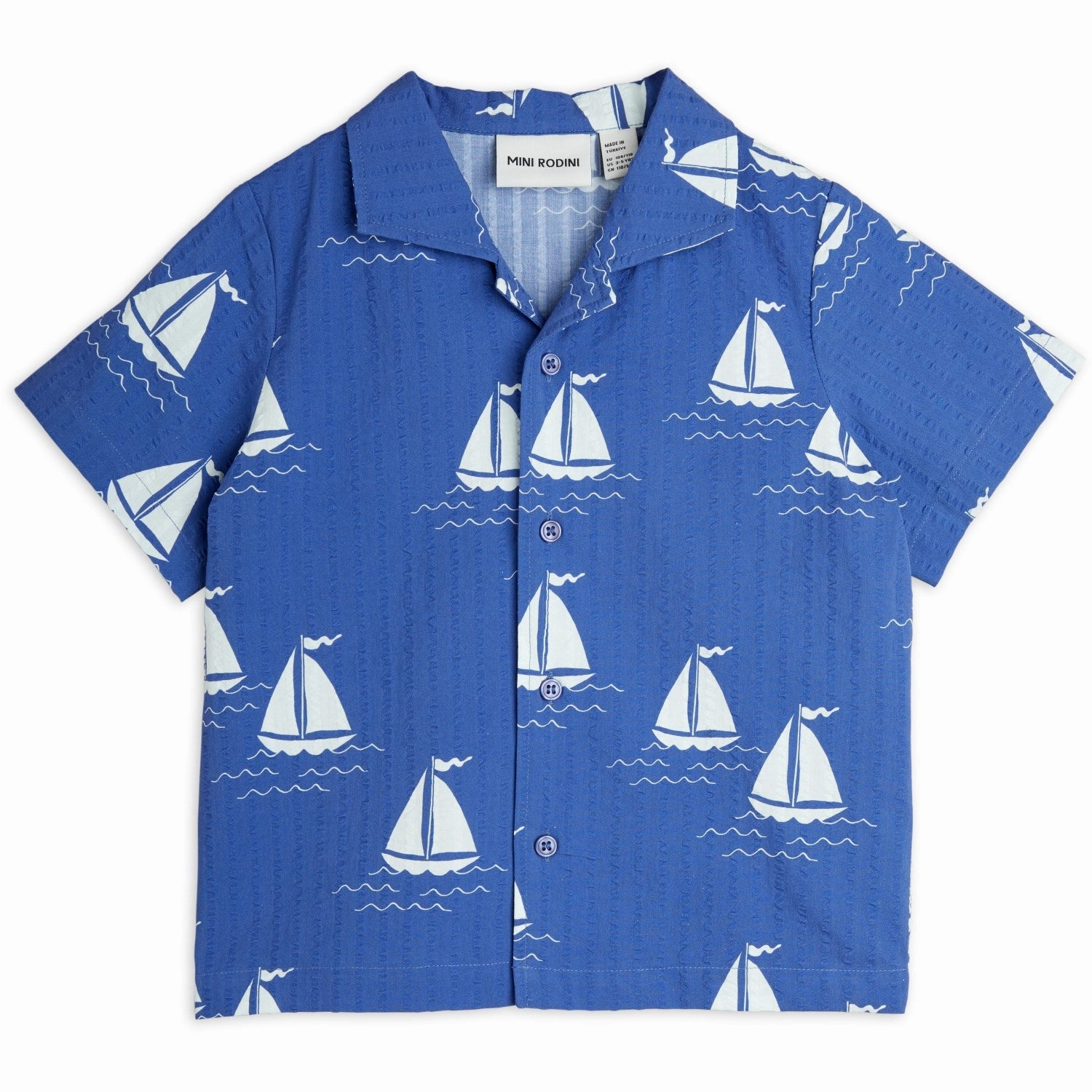 Mini Rodini Blue Sailing Boats AOP Woven Shirt Embroidered Detail