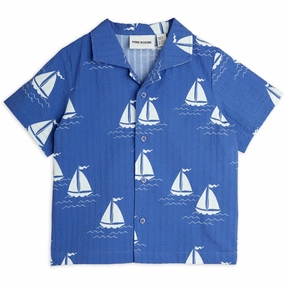 Mini Rodini Blue Sailing Boats AOP Woven Shirt Embroidered Detail