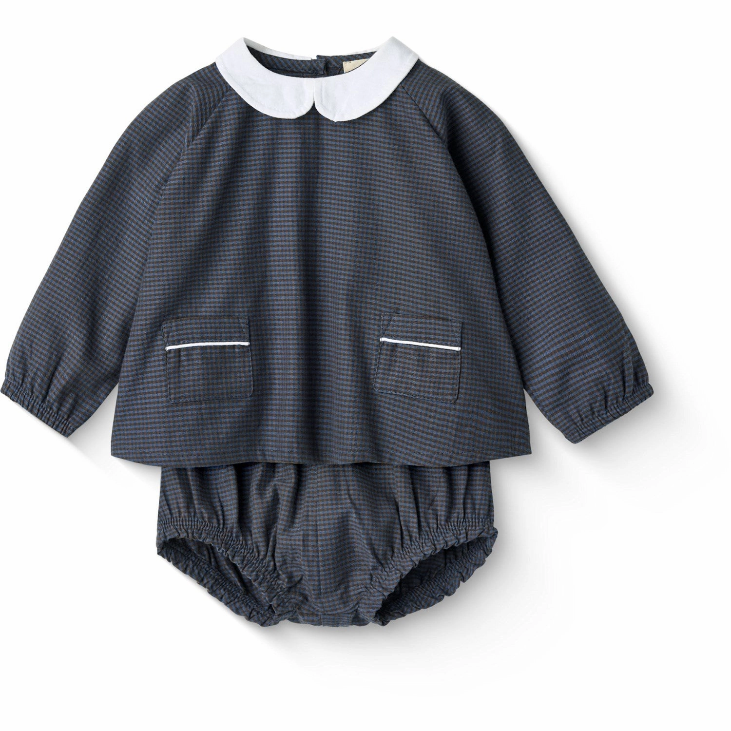 Summer Outfit Sustainable fashion COPENHAGEN COLORS Brown/Blue Check Comb. Checkered Baby-Set W. Blouse And Bloomer