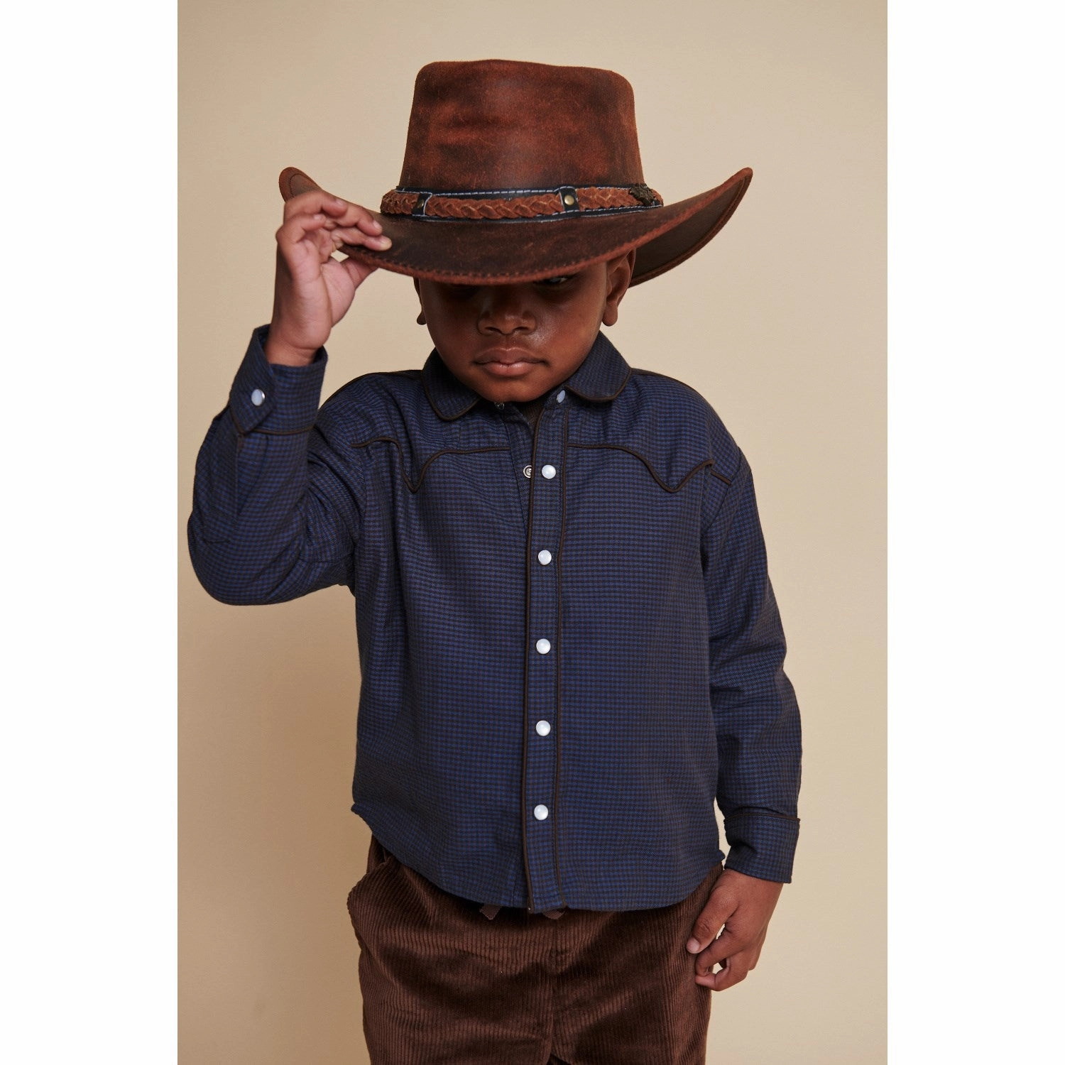 Wrinkle Resistant Material COPENHAGEN COLORS Brown/Blue Check Comb. Checkered Cowboy Shirt