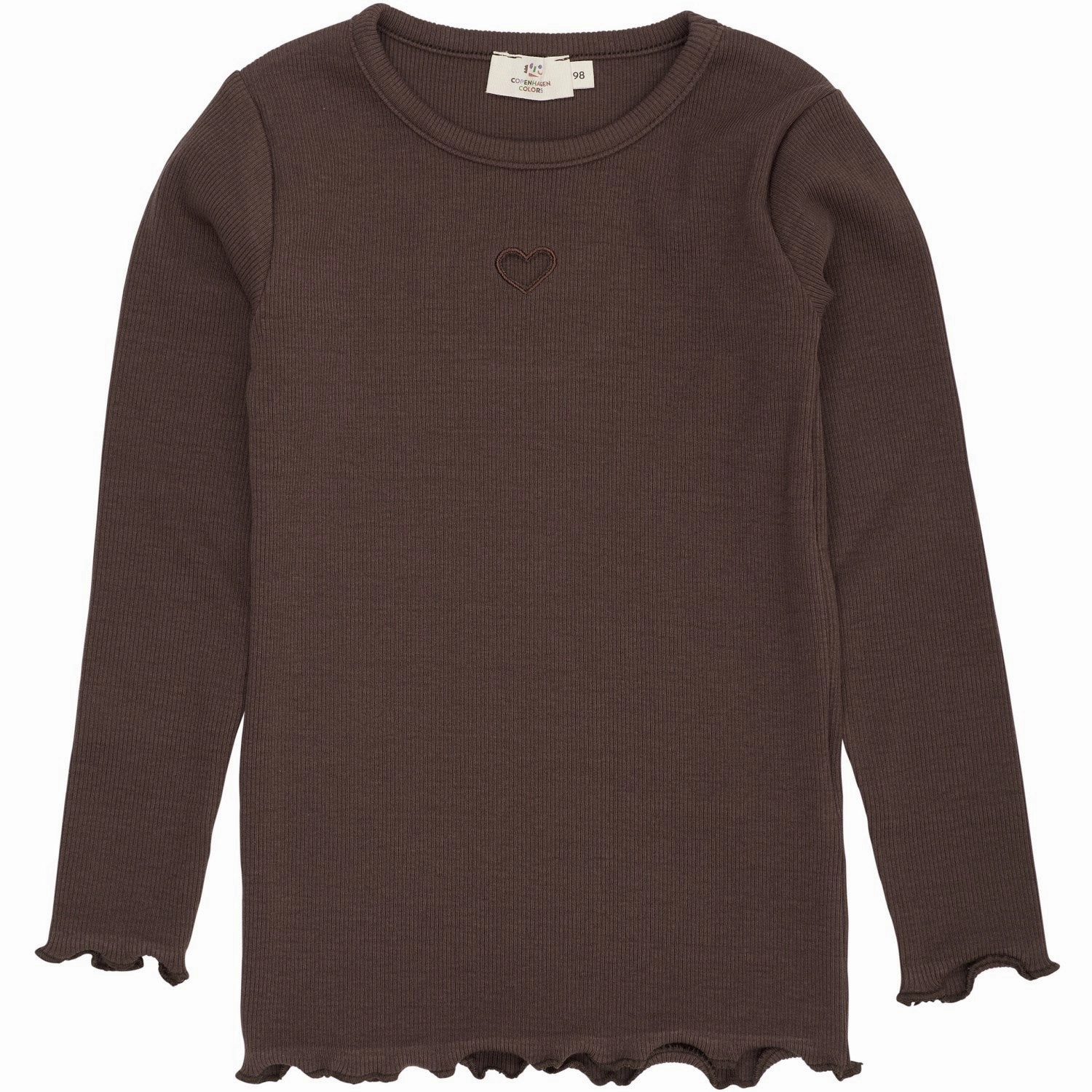 Athletic Look Polished Style COPENHAGEN COLORS Dk Brown Modal Rib Ls Tee W. Heart Hole Pattern