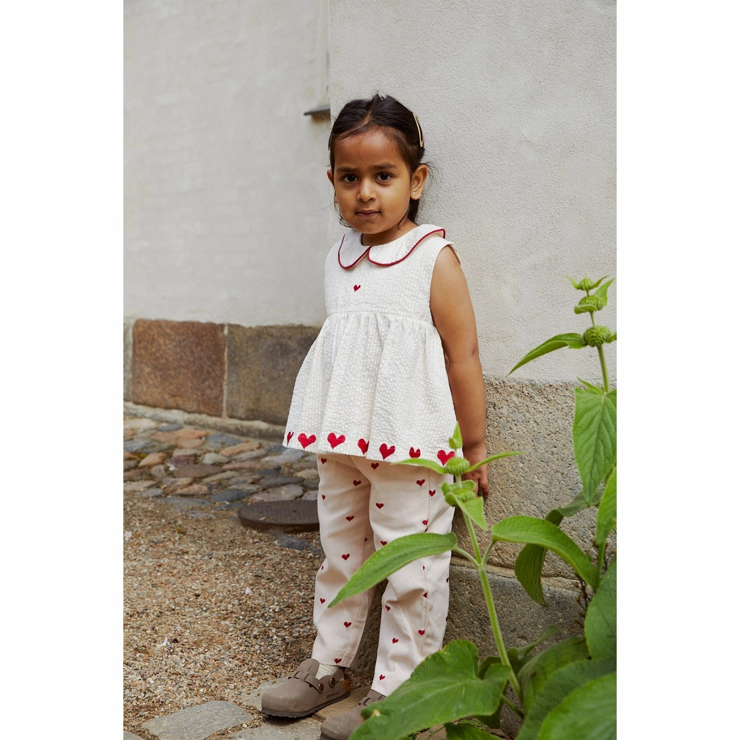 COPENHAGEN COLORS Dusty Rose W Cream Stripe W. Berry Seersucker Ss Blouse W. Hearts EcoConscious Processing