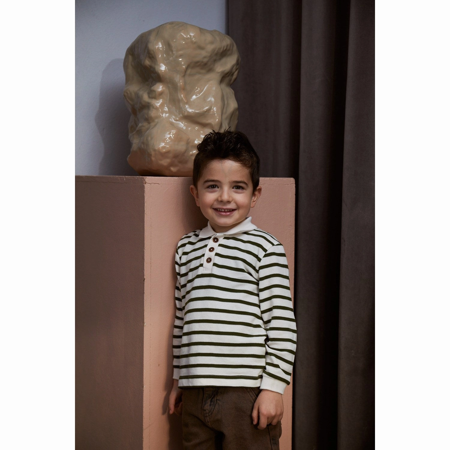 Relaxed Neckline COPENHAGEN COLORS Forrest Green/Cream Stripe Striped Pique Polo W. Ls