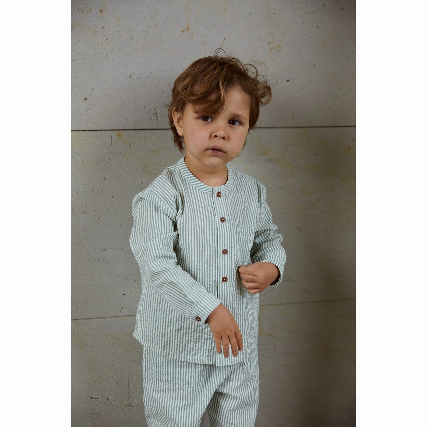 COPENHAGEN COLORS Green W Cream Stripe Seersucker Shirt W. Placket Weekend Outing Layering Piece